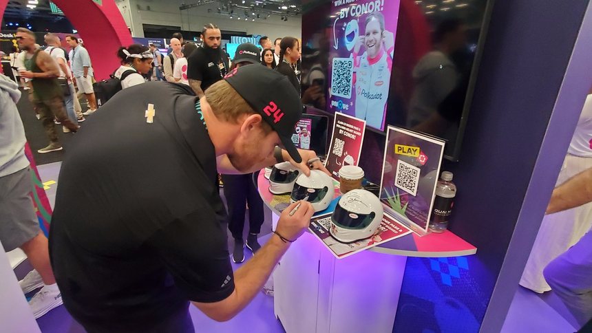 Conor Daly at the Polkadot booth at CoinDesk Consensus 2024, Austin