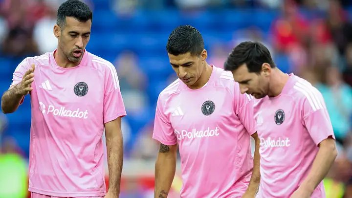 Three Inter Miami CF players warming up in Polkadot kit