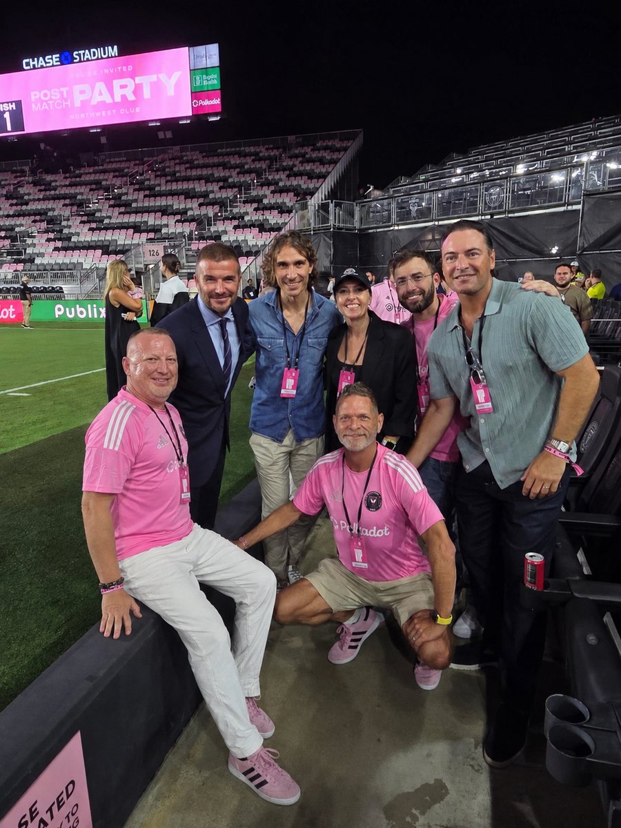 Chris Wade, Sal Esposito and the Polkadot group with David Beckham at the post-match party, Chase Stadium