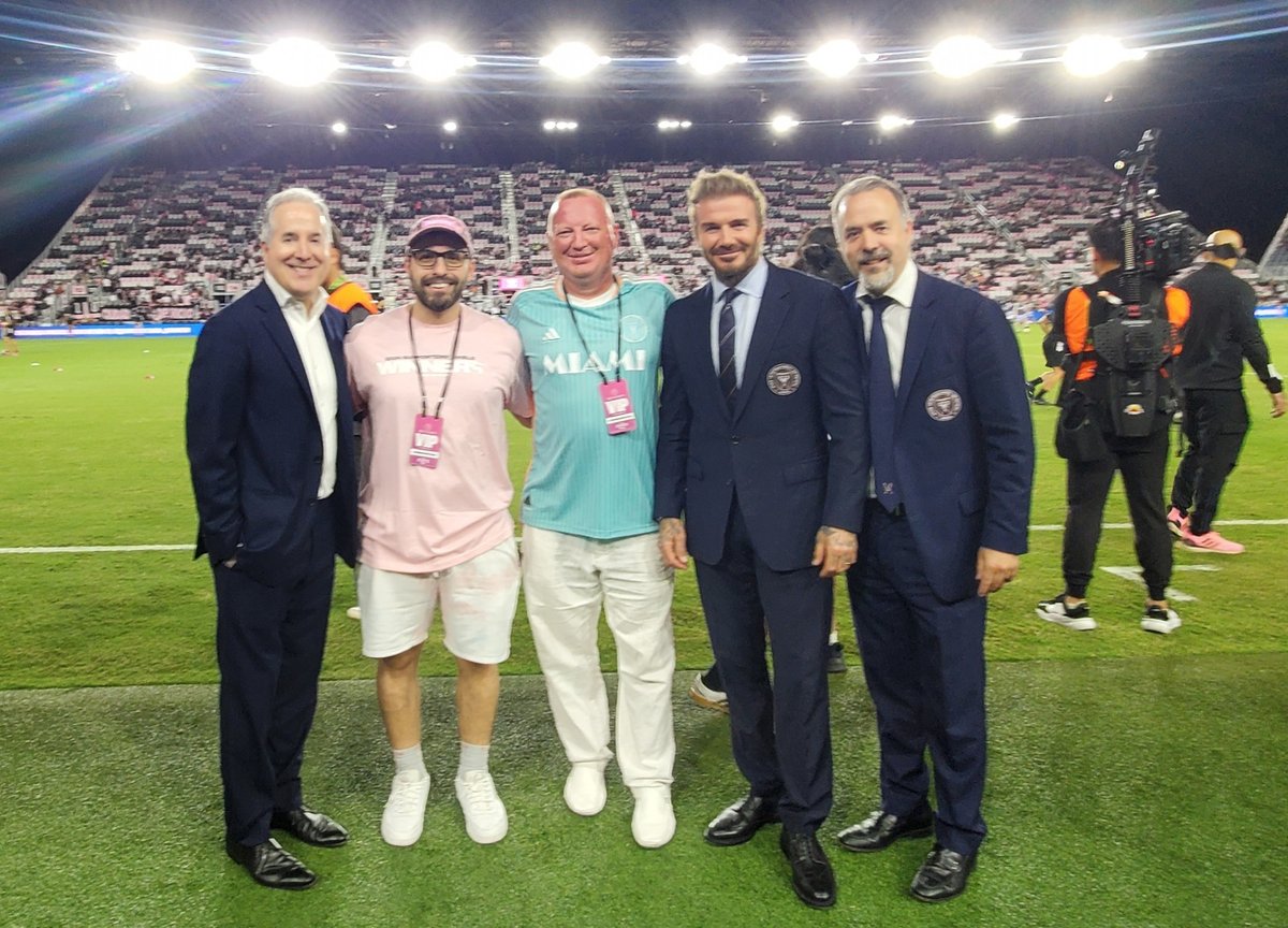 Chris Wade and Sal Esposito on the field at Chase Stadium with David Beckham and the Mas brothers