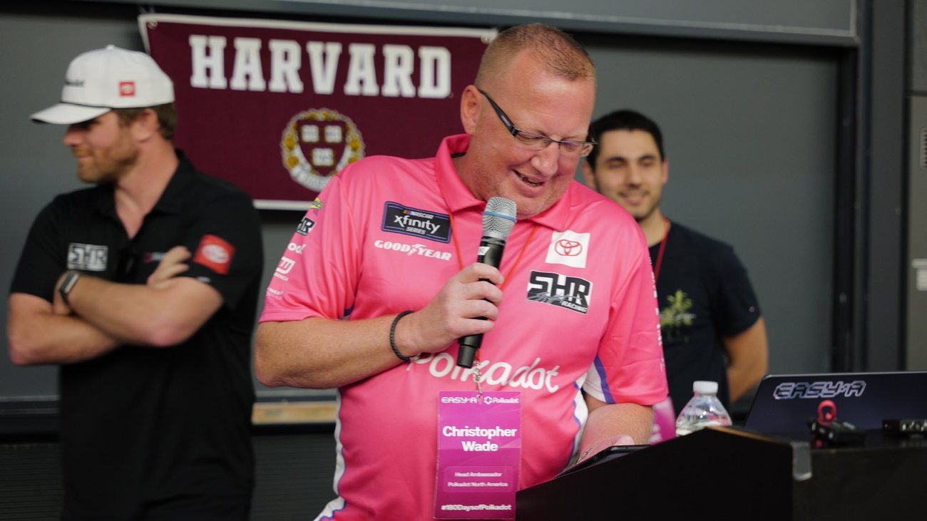 Chris Wade speaking at the EasyA Polkadot hackathon at Harvard, with Conor Daly alongside