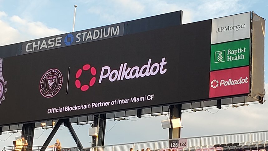 The Polkadot logo on the Chase Stadium scoreboard, Official Blockchain Partner of Inter Miami CF